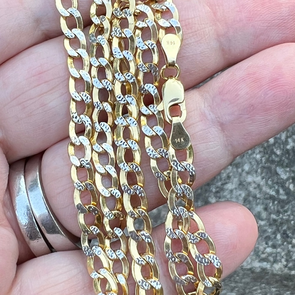 14K TWO TONE YELLOW WHITE GOLD CURB CUBAN LINK CHAIN NECKLACE UNISEX THICK HEAVY